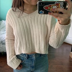 LA Hearts PacSun Cream Cropped V-Neck Knit Sweater